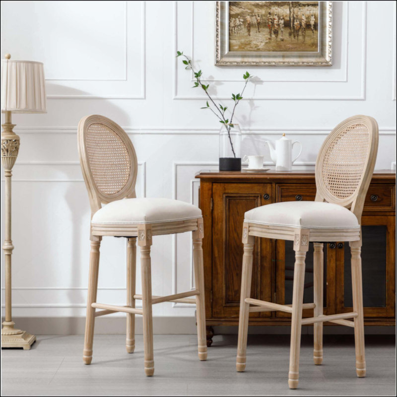 Tabourets de bar en bois français avec sièges rembourrés, ensemble de 2