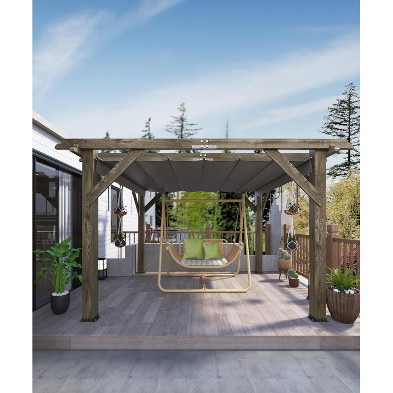 10 X 10 Ft Wood Pergola With Retractable Sunshade Canopy, Solid Structure
