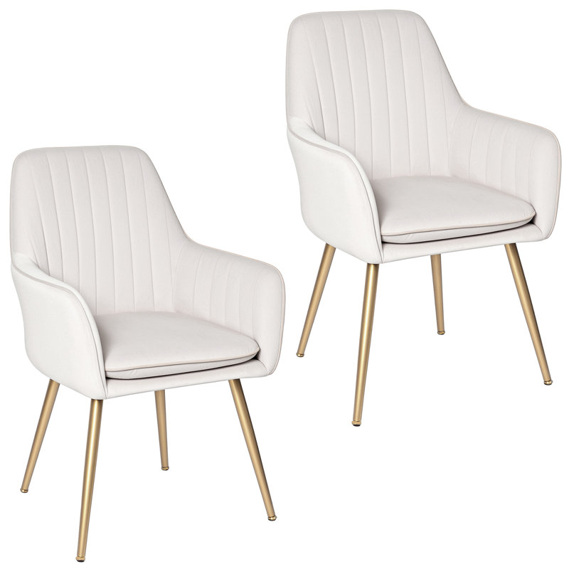Ensemble de 2 fauteuils de salle à manger rembourrés en velours beige moderne Mid-Century avec pieds en métal doré, chaises d'appoint capitonnées avec accoudoirs pour la cuisine, le salon et la salle à manger