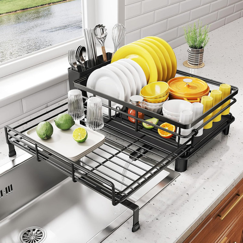 Expandable Dish Drying Rack, Stainless Steel, Black Foldable Over Sink, Large Capacity, Adjust to Fit Most Sinks
