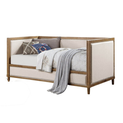 Kyra Twin Daybed With Nailhead Trim, Light Oak Pinewood, Beige Fabric by Benjara