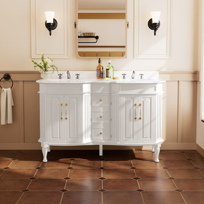 Meuble-lavabo double 54 po avec comptoir en marbre et lavabo en céramique
