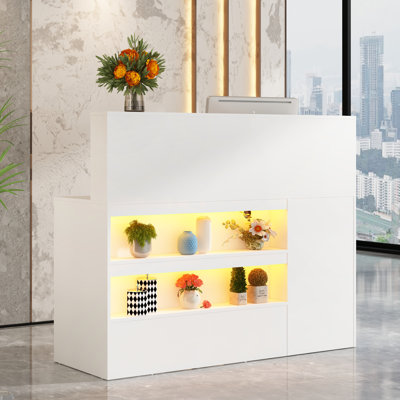 55" Reception Desk with LED Lights, Double-Layer Display Rack, L-Shaped Front Desk Reception Room Table Drawer With Lock