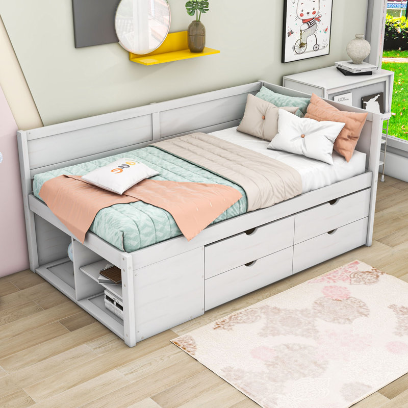 Lit de jour en bois avec tiroirs et tablettes, Lit simple, Blanc