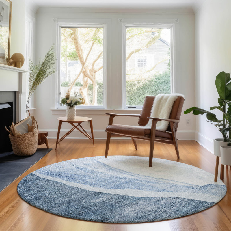 Premium Machine Washable Prisco Blue Rug, Round 8'
