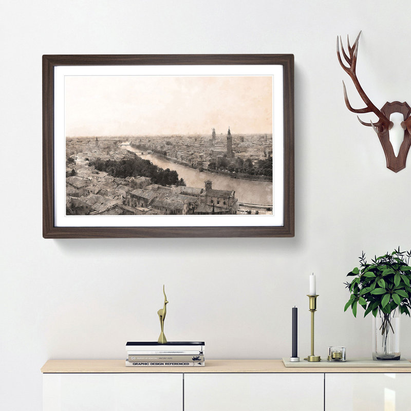 Skyline of Verona Italy - Picture Frame Painting Print, 33cm H x 45cm W x 2cm D, Walnut Framed