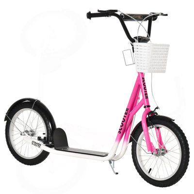 Youth Scooter, Kick Scooter With Adjustable Handlebars, Double Brakes, 16" Inflatable Rubber Tires, Basket, Cupholder