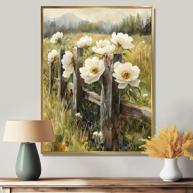 Pivoines dans la clôture pastorale I - Décoration murale pivoines, H 20 po x l 12 po, Reproduction avec cadre flottant, Doré