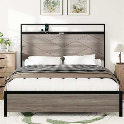 Structure de lit pleine grandeur gris antique avec rangement, éclairage à DEL tactile, charge de type C, tête de lit à construction solide de style rétro moderne, sous-espace, 2 ports, pas de bruit, processus d'assemblage simple