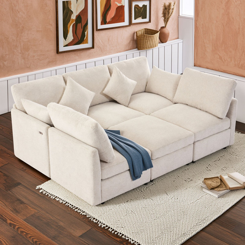 Canapé d'angle modulaire moderne avec pouf, ports de chargement, revêtement en chenille et coussins décoratifs pour salon
