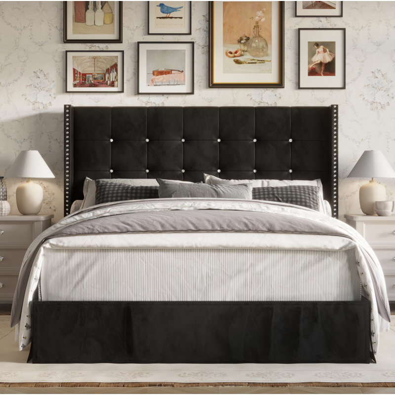 Lit plateforme tapissier Aliviana, Noir, Grand