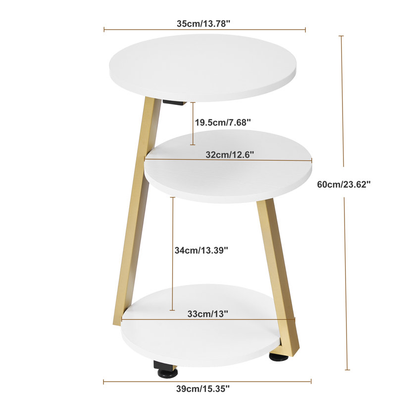 Round End Table Side Table with Metal Frame, Accent Bedside Table Nightstand with 3-Tier Shelves, White, Gold