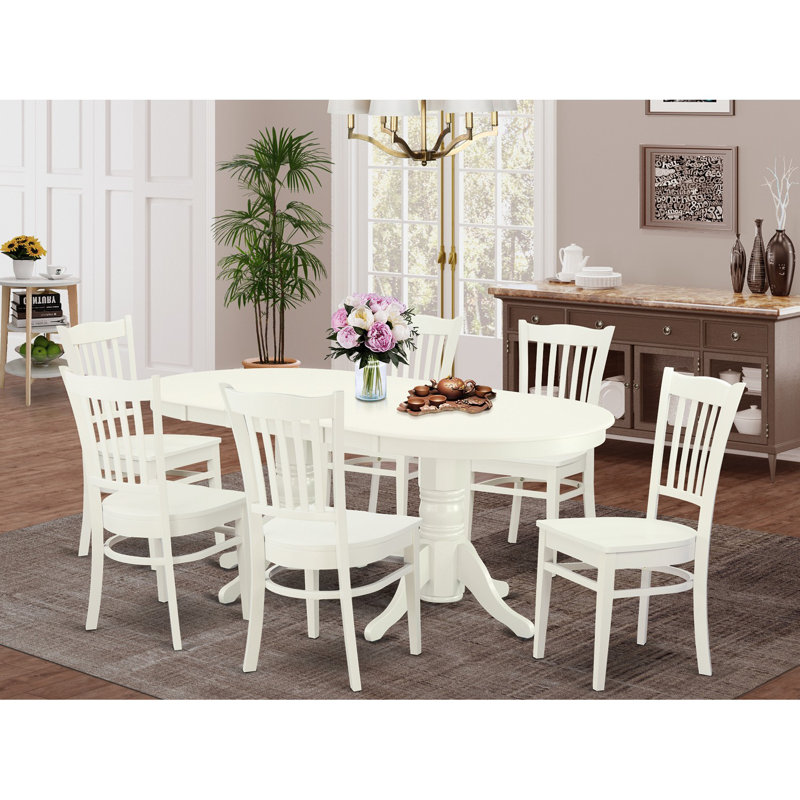 Ensemble de mobilier de salle à manger 7 pièces composé d'une table de cuisine ovale avec rallonge papillon et 6 chaises, lin blanc