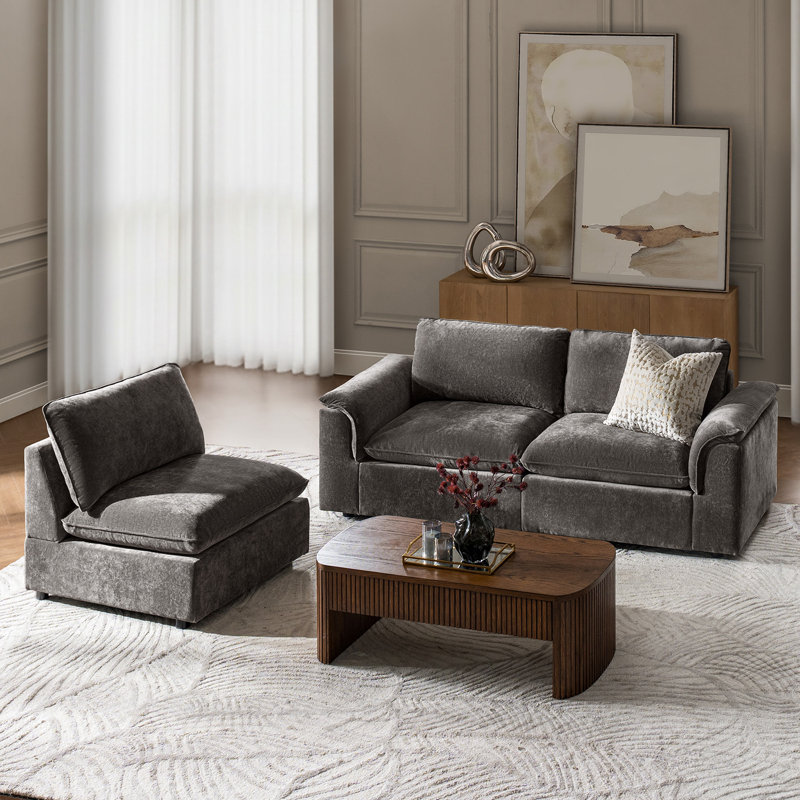 Cioffi 122"W Oversized 3 Piece Down Blend Modular Cloud Modular Sofa with Removable Cushion Cover, Gray