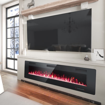 Foyer électrique ultra-mince, radiateur encastré mural et encastré avec télécommande, 5100 BTU, modes flamme et cristal en 12 couleurs, minuterie, mode veille
