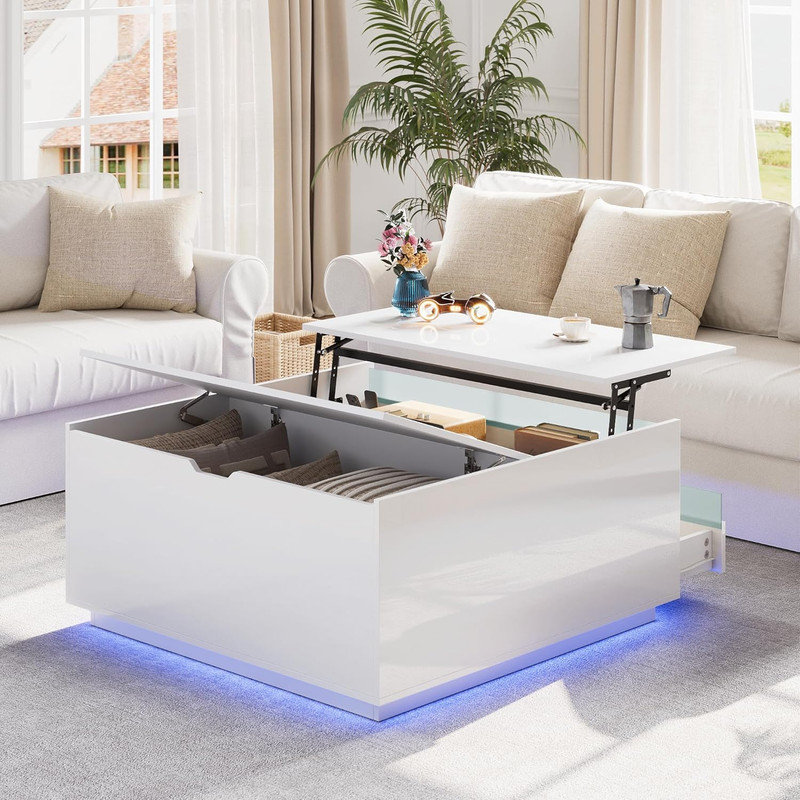 White High Gloss Square Lift Top Coffee Table with LED & Flip Lid - Modern Small Coffee Table with Drawer for Living Room