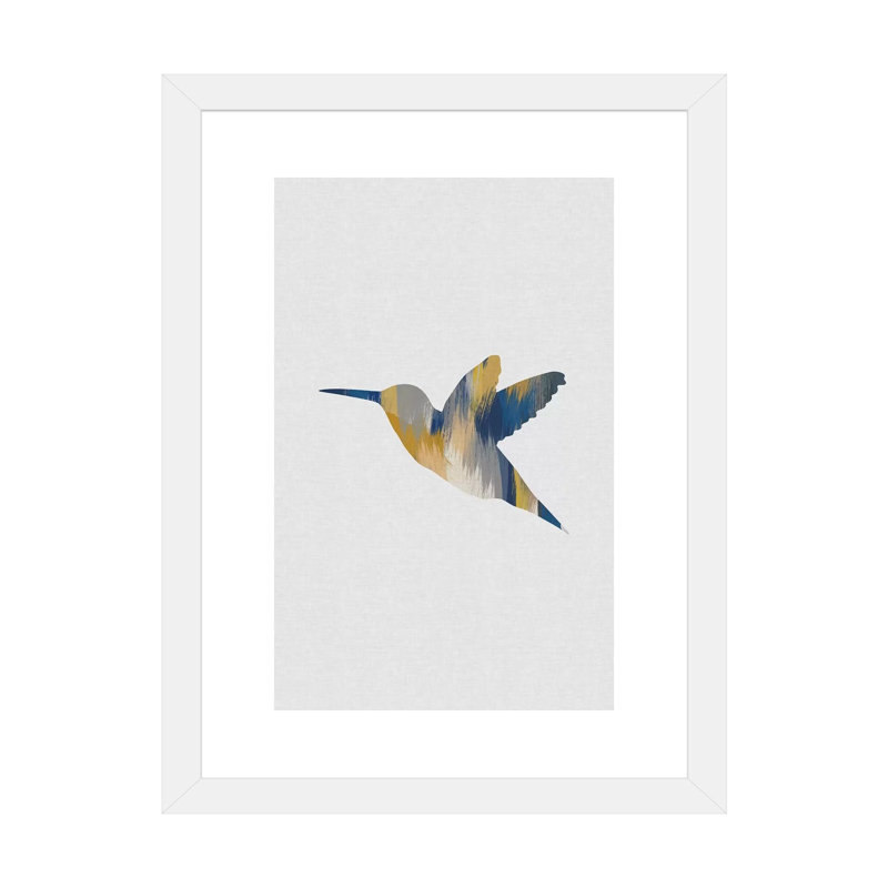Colibri bleu et jaune I - impression d'art graphique, H 24 po x l 16 po x P 1 po, Papier encadré blanc