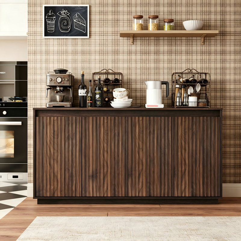 Four-Door Walnut Wood Sideboard With A Wavy Texture And Handle-Less Design; Includes A Power Outlet For Use In The Dining Room.