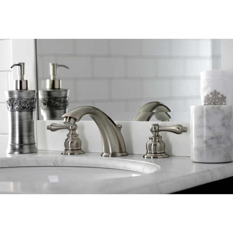 Kingston Brass Victorian Two-Handle 3-Hole Deck Mount Widespread Bathroom Faucet with Brass Pop-Up Drain, Brushed Nickel