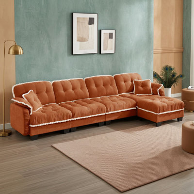 L-Shaped 4-Seat Sectional Sofa with Pillow Top Arms, Movable Ottoman and Tufted Cushions for Living Room