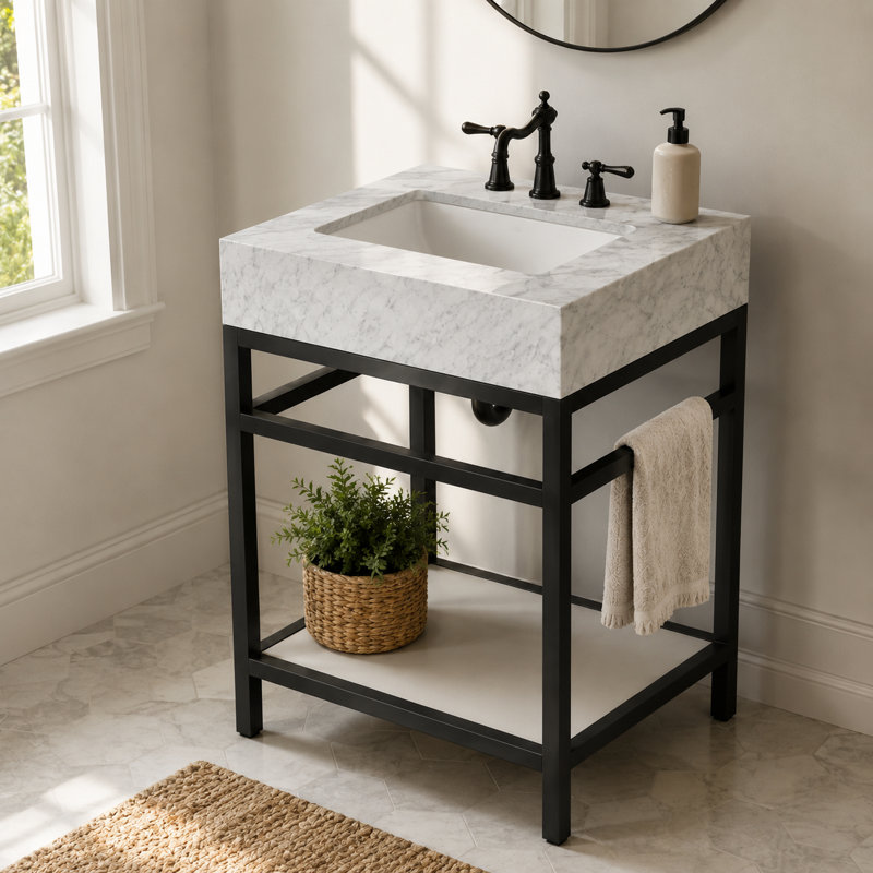 Meuble-lavabo en marbre de Carrare de 61 cm avec lavabo, console en acier inoxydable et tablette de rangement en verre, Noir