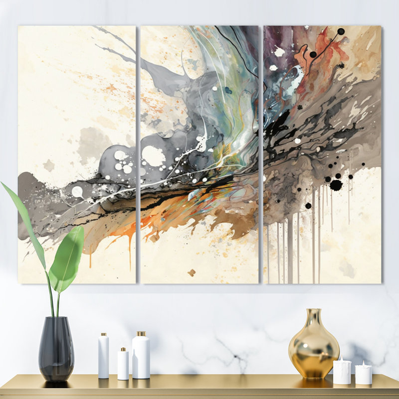 «Jazz Rhythms In Shades Of Grey III», ensemble d'art mural abstrait à l'encre liquide, H 20 po x l 36 po, Toile tendue