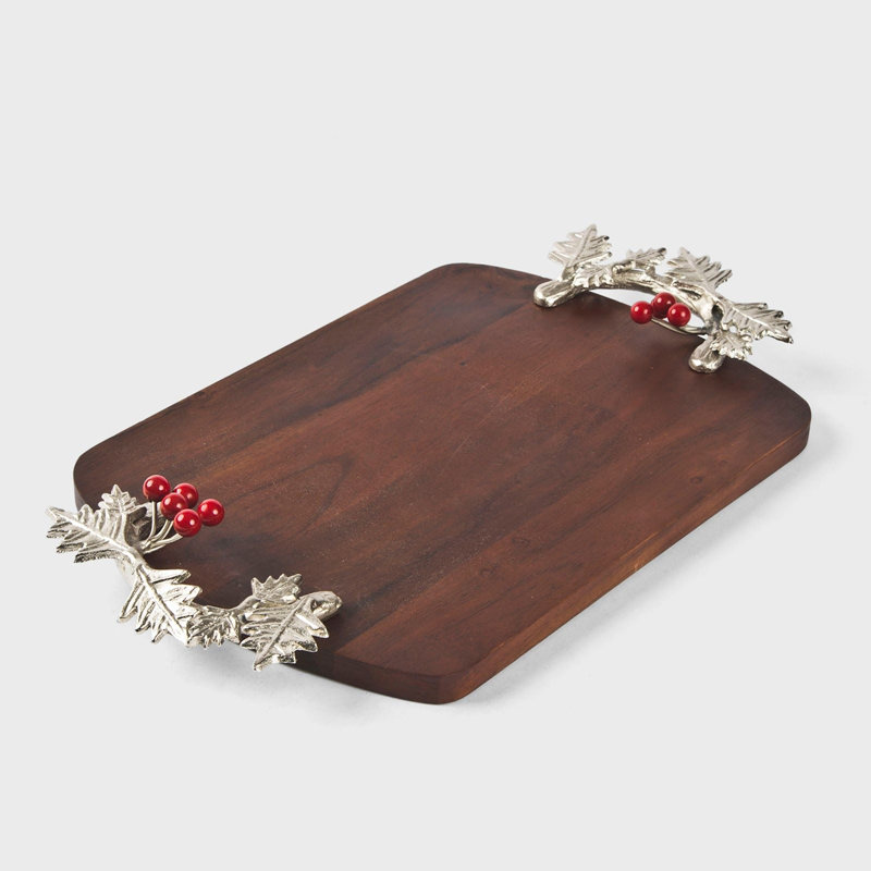 Silver Holly Holiday Serving Platter, Handcrafted Mango Wood Decorative Tray with Festive Leaf Handles & Red Berry Accents, 19.5"