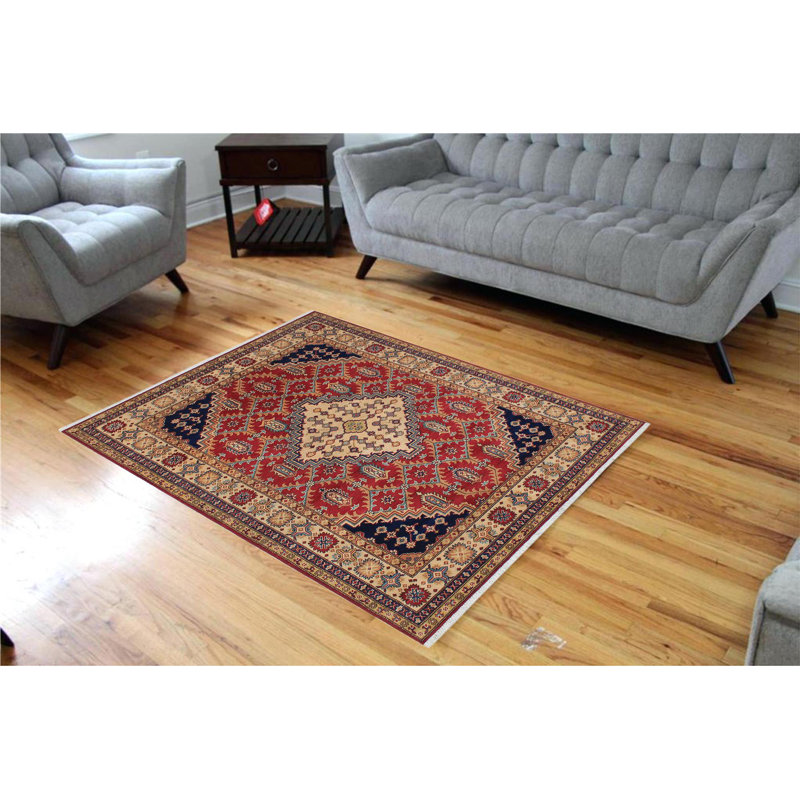 Tapis unique en laine noué à la main style Kazak rouge / beige des années 2000 de 5 pi 8 po x 7 pi 1 po Madeeha