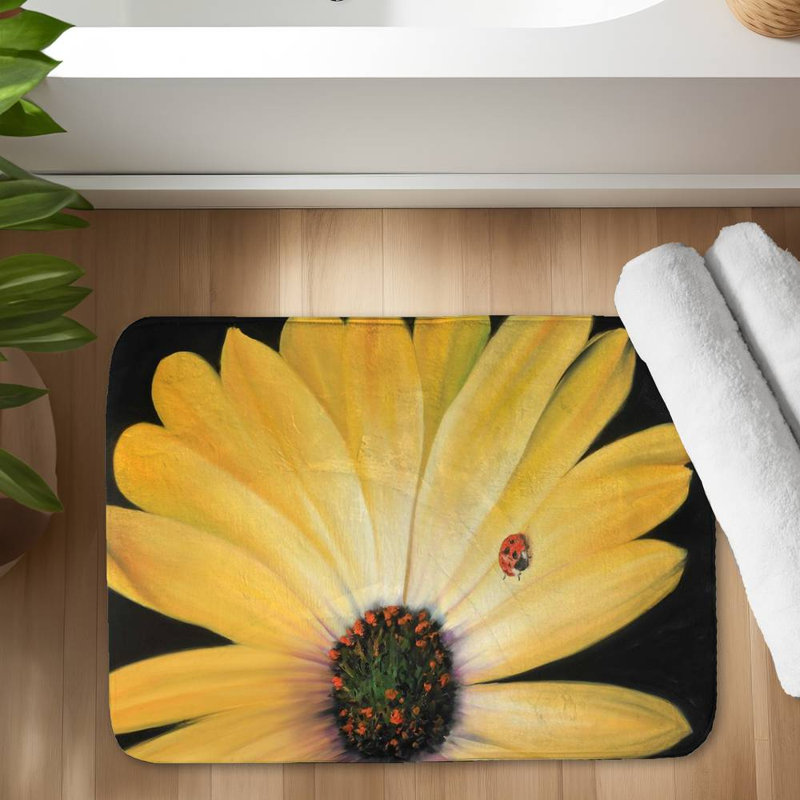 Yellow daisy and ladybug Bath Mat with Non-Slip Backing - Quick Dry Memory Foam Bathroom Rug - Absorbent - Modern Plush Spa-Style - Machine Washable