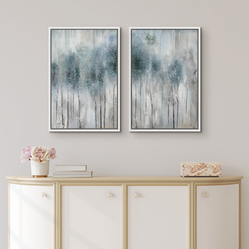 Abstrait forêt pastel aquarelle bleu sarcelle forêt abstraite paysage encadré sur toile 2 pièces, H 24 po x l 32 po, Blanc