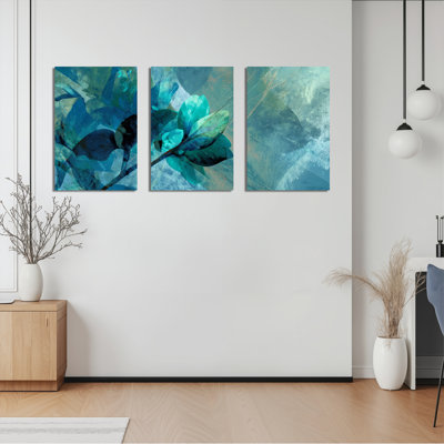 Ensemble de 3 tableaux abstraits floraux bleus sur toile tendue