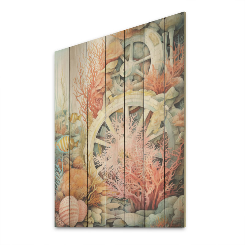 «Coral Pirate Wheel Memory I» - art mural bois de corail sous l'eau sur bois de pin naturel, H 32 po x l 24 po