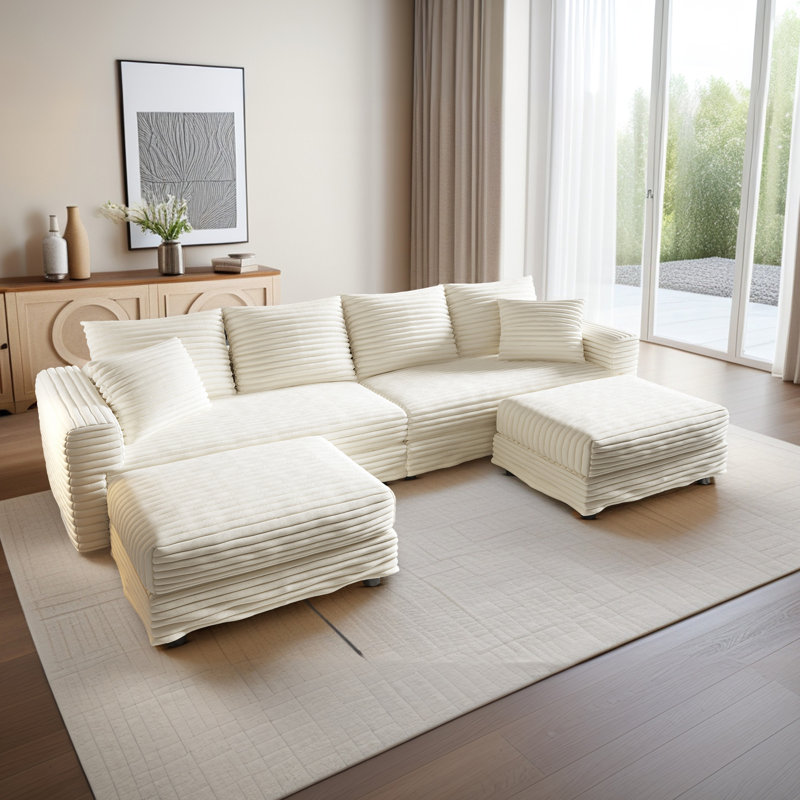Canapé modulaire 103 po avec conversion de méridienne et 2 coussins décoratifs 103 po, Velours côtelé beige