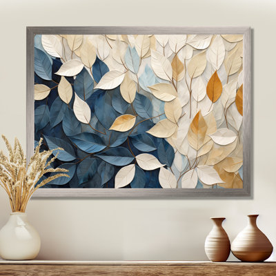 Collage de feuilles minimaliste beige et bleu - feuilles, décoration murale