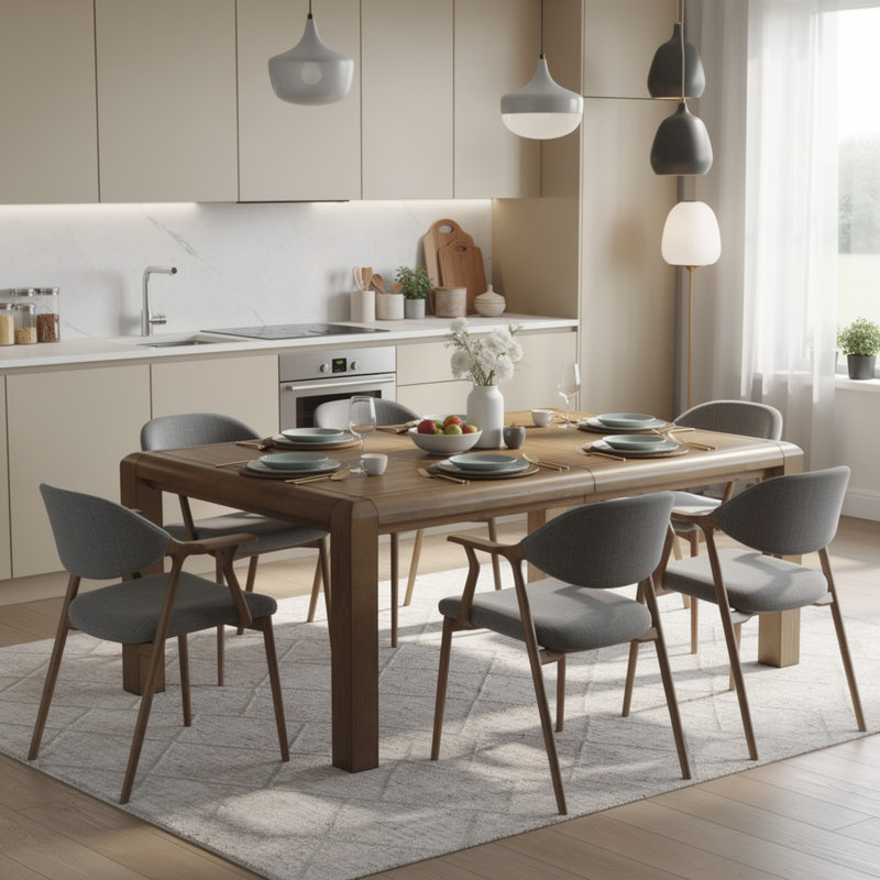 Table de salle à manger Rell avec plateau en placage de chêne noueux et brun antique de 64 à 82 pouces
