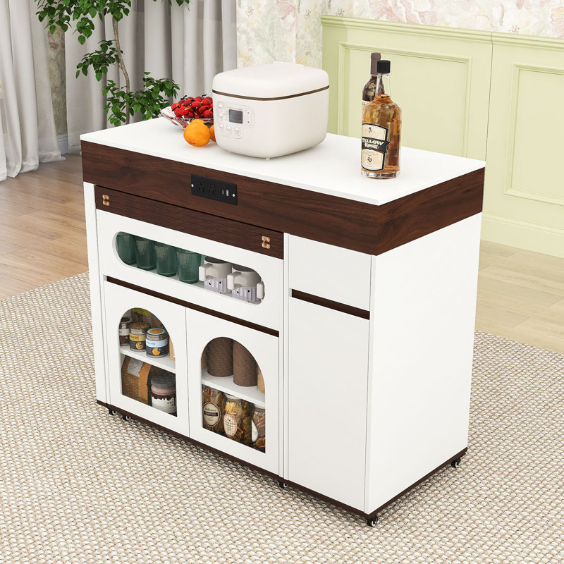 Rolling Kitchen Island with Fold-Out Dining Table, Storage Cabinet and Built-In Power Outlet, White, Walnut/Manufactured Wood