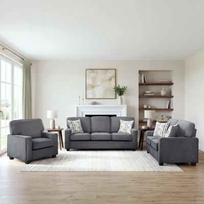 Heywood Modern & Contemporary 3-Piece Living Room Set with Luxurious Chenille Fabric Upholstery, Reversible Cushions & Foam over Pocket Coils Comfort