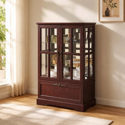 Dark Cherry Freestanding Display Storage Bookcase, Flip-Top Drawer Design with Built-In RGB Light Strip, Practical Organizer Cabinet for Dining Room, Living Room, Bedroom and Entryway