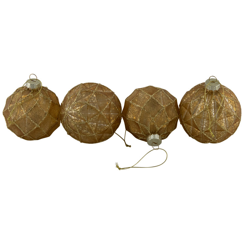 Geometric Glittered Mercury Glass Ball Christmas Ornaments - 3" (80Mm) - Gold - 4Ct