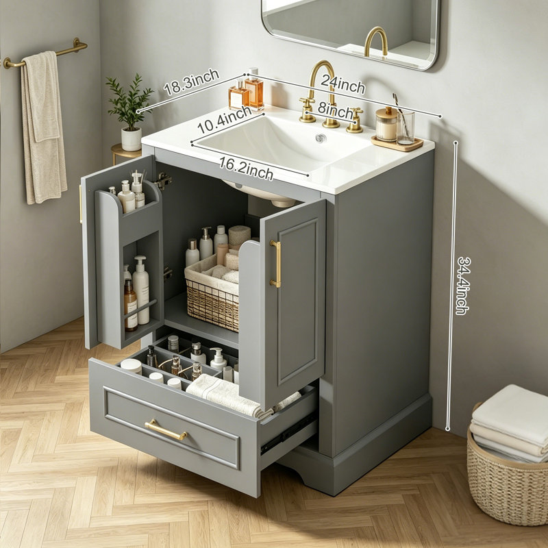 Meuble-lavabo simple 24 po avec lavabo en céramique, Gray