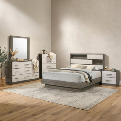Ensemble de chambre à coucher pour grand lit 5 pièces Fene, gris, brun, bibliothèque intégrée