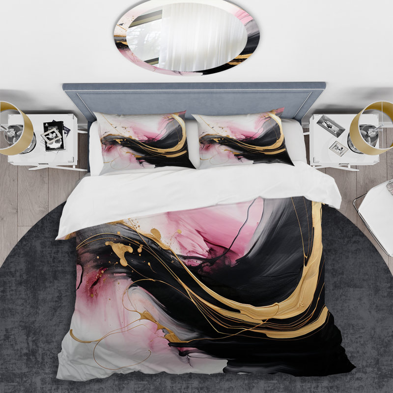 Abstract Gold Wave Pink I - Ensemble de housse de couette Abstract - Microfibre de polyester