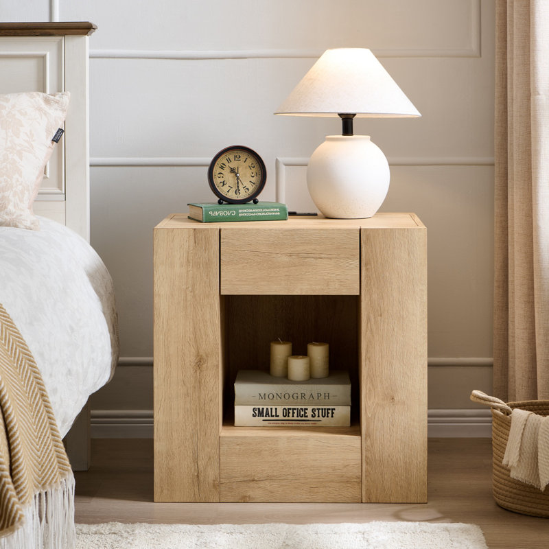 Modern Nightstand With Charging Station, 24" Large Bedside Table With Drawers & Open Shelf，Night Stand Wood Thick Design