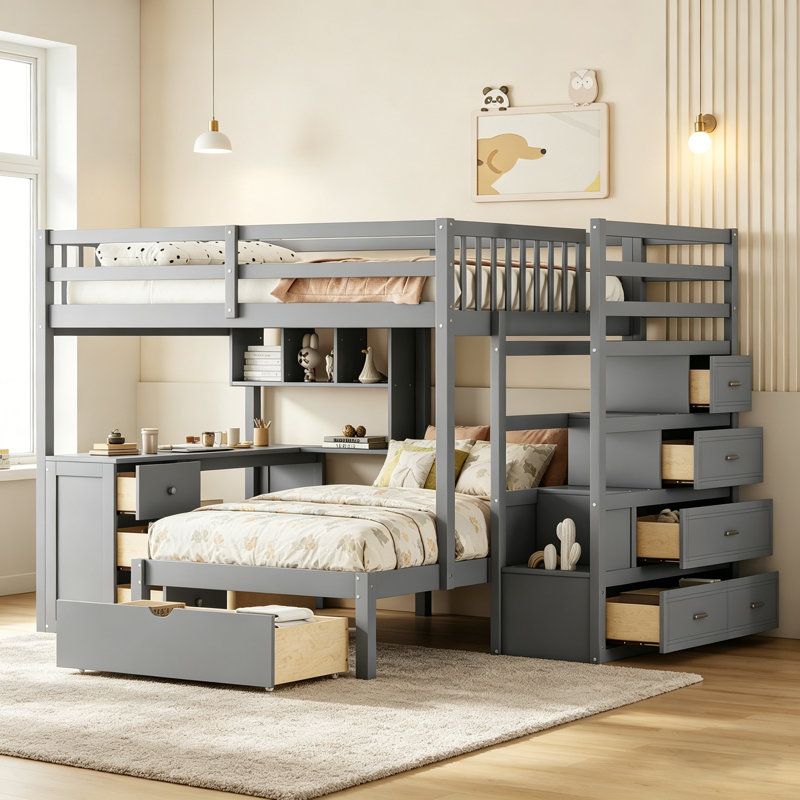 Lit superposé double au-dessus de simple avec bureau, tiroirs et tablettes, parfait pour la vie compacte et multifonctionnelle dans les maisons modernes.