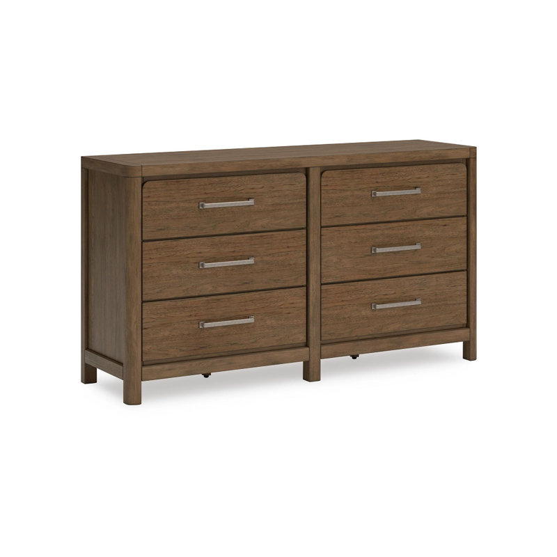 Commode large 6 tiroirs Cabal, poignées en étain vieilli, brun clair émaillé