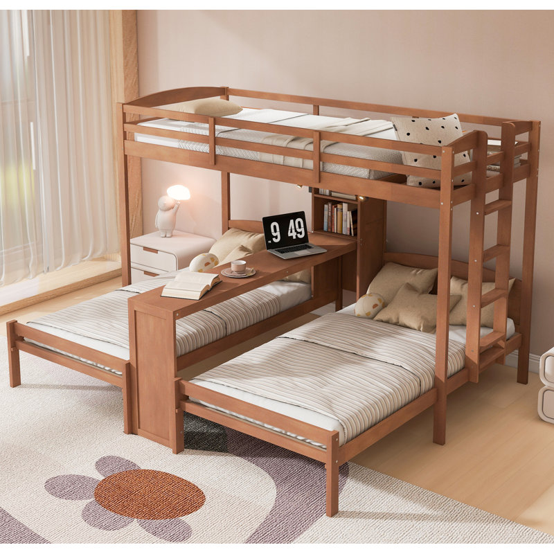 Lit superposé simple au-dessus de simple et simple avec bureau intégré et tablettes de rangement, lampe de lecture, 3 lits en 1, naturel