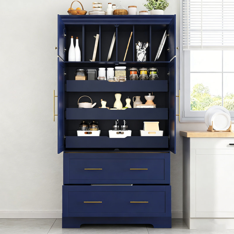 Farmhouse Freestanding 40''X18''x72.6'' Kitchen Pantry, 4 Doors Dining Storage Cabinet With Pull-Out Trays, Drawers And Cake Pan Storage Organizer