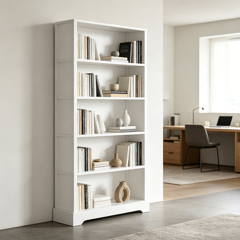 Bibliothèque à 5 niveaux en bois, bibliothèque de style ferme pour chambre à coucher, salon, bureau, Blanc