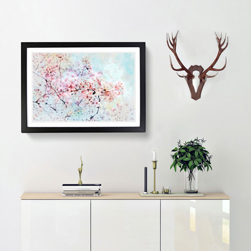 Japanese Cherry Tree in Pink in Abstract - Picture Frame Graphic Art Print, Black Framed, 36cm H x 48cm W x 2cm D