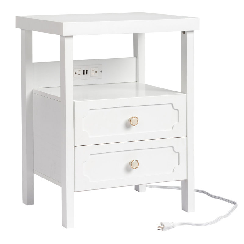 Table de chevet en bois massif avec USB Wilbrandt, Blanc / Blanc